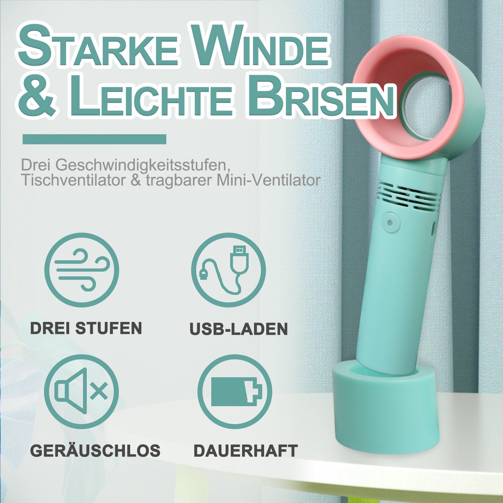 KAHOO Mini USB-Ventilator Blattloser Handventilator, USB-Ventilatoren, 3 Tempo