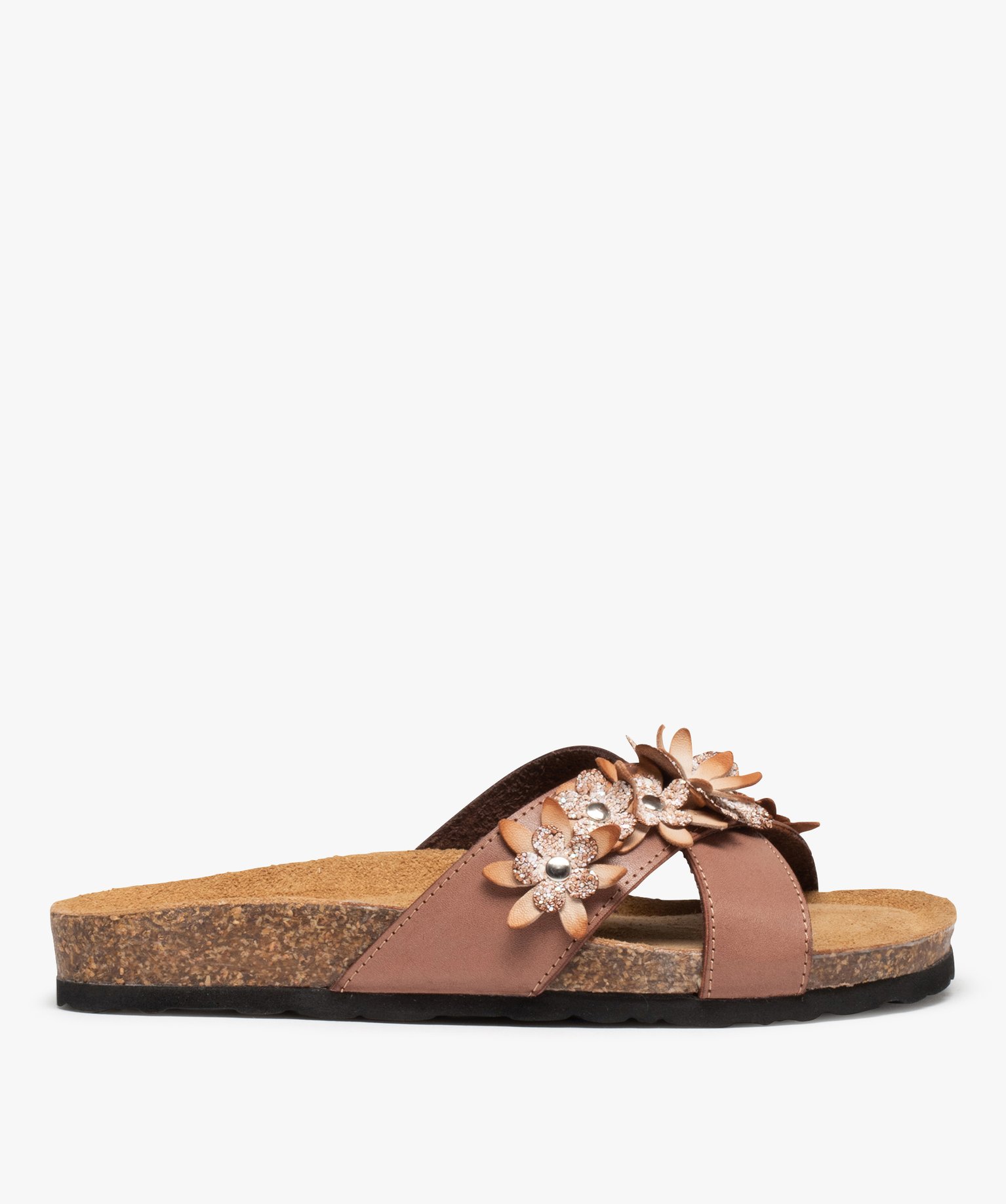 Mules femme à talon plat et larges brides à fleurs taupe | GEMO
