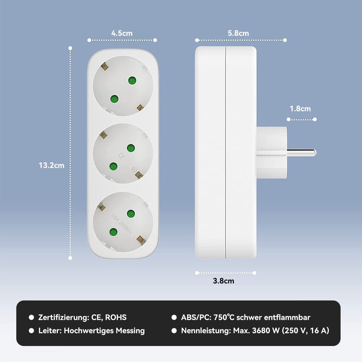 DOPWii Drei Steckdosen für Steckdose,3 in 1 250V/16A Tragbare Steckdosen Mehrfachsteckdose