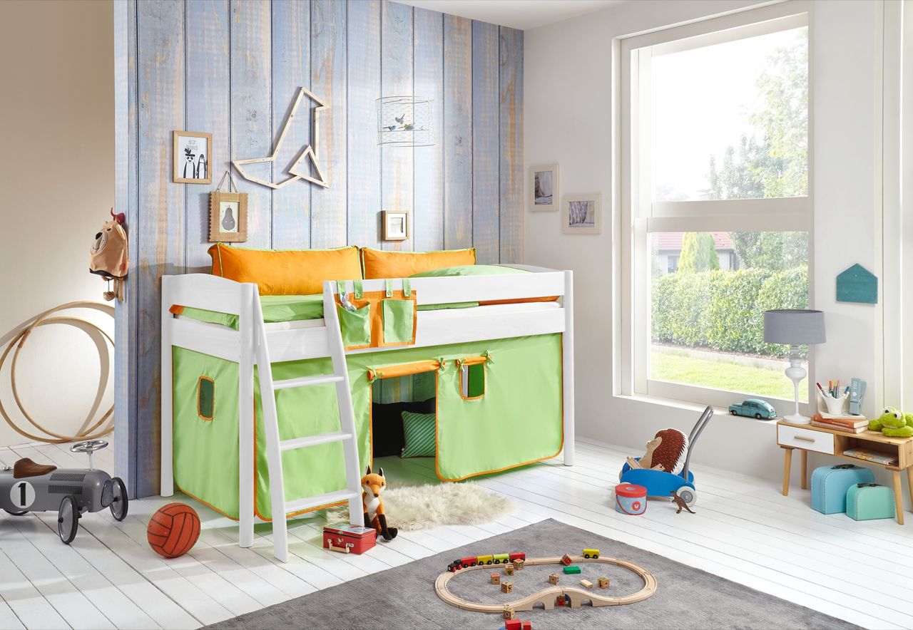 Relita Halbhohes Bett MICHELLE 90 x 200 cm Buche massiv weiß lackiert, mit Textilset grün/orange