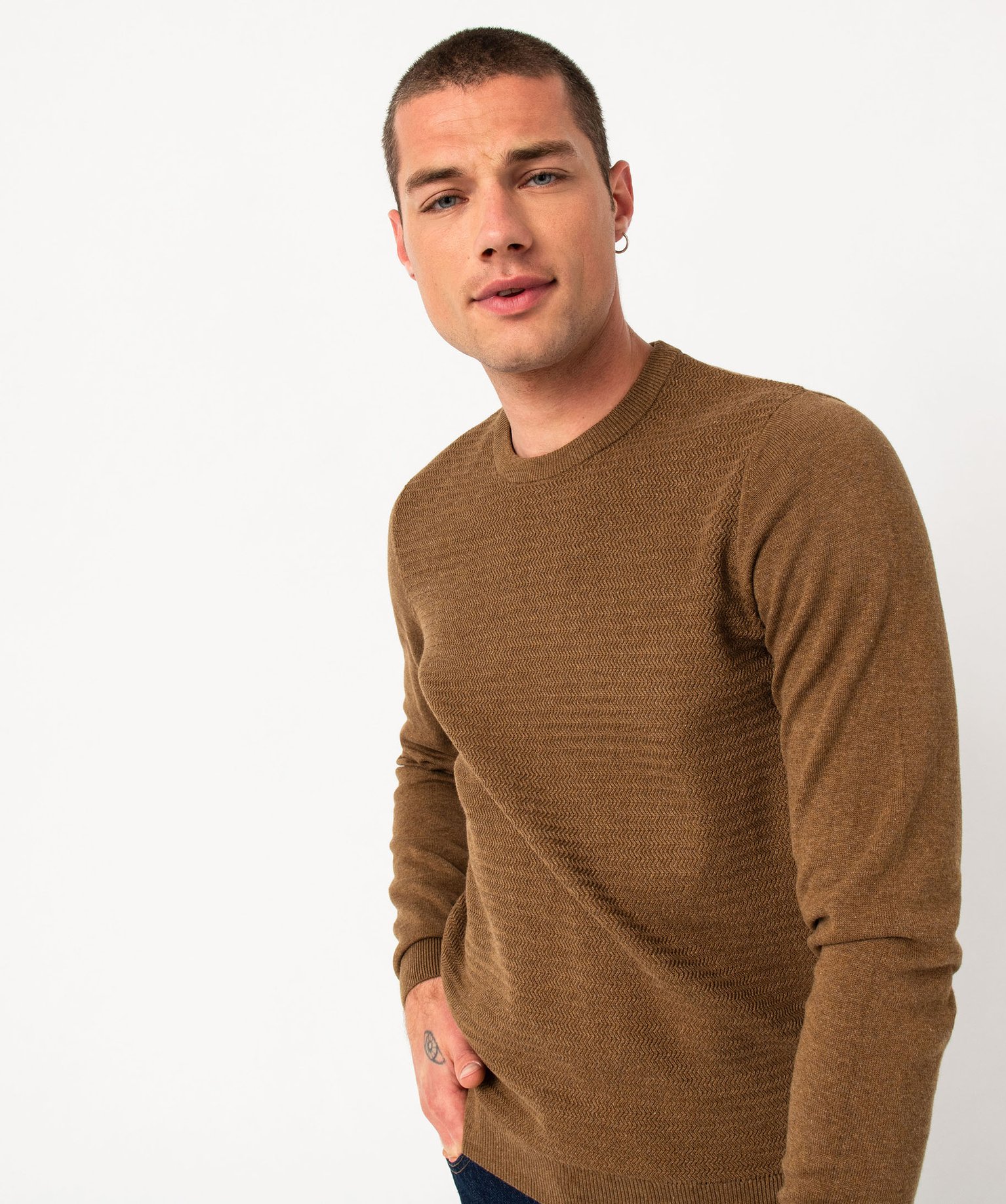 Pull en coton homme avec maille fantaisie sur l’avant beige fonce | GEMO