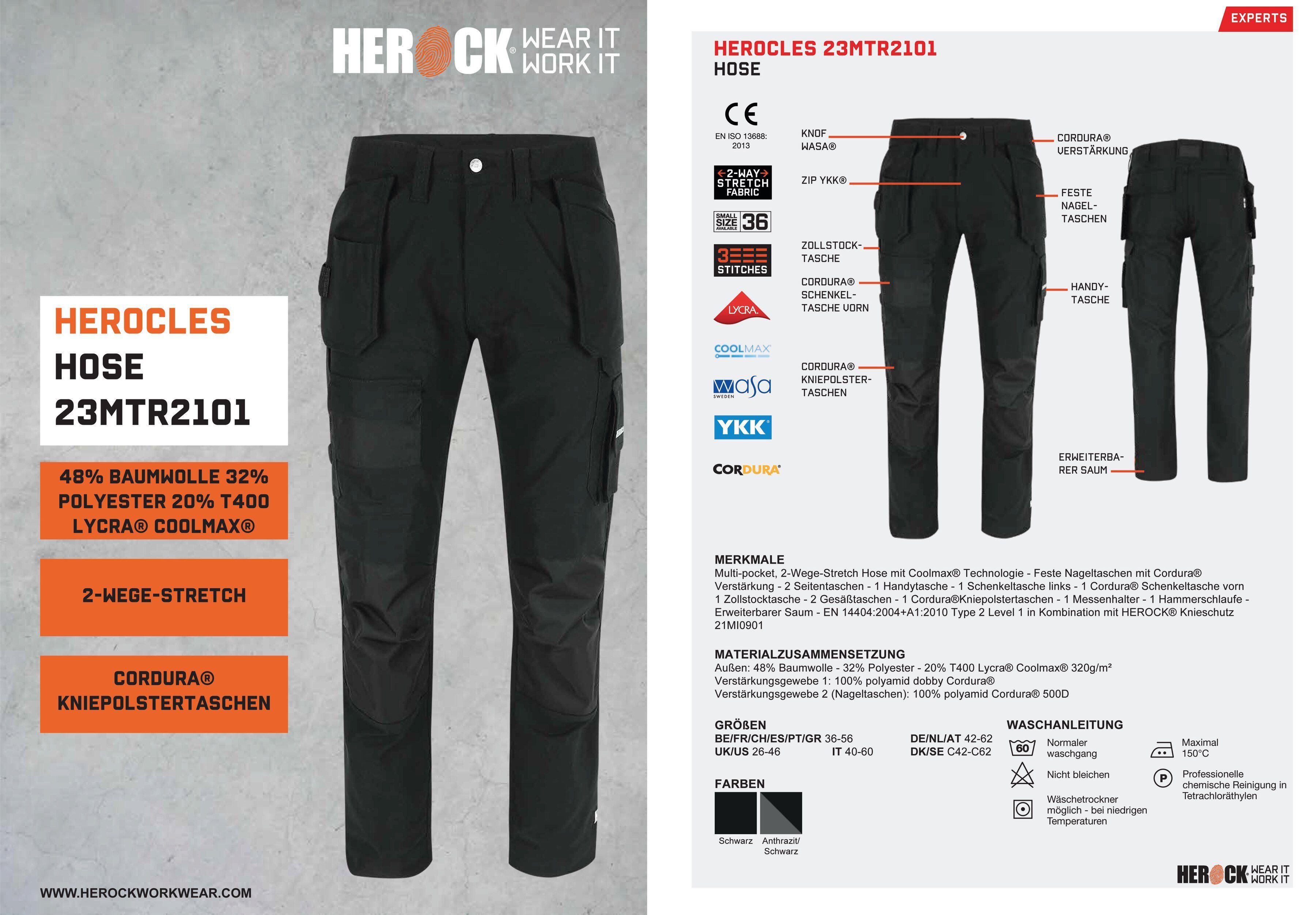 Herock Arbeitshose HEROCLES (Coolmax® Technologie) Multi-pocket, Stretch, sehr robust, feste Nageltaschen