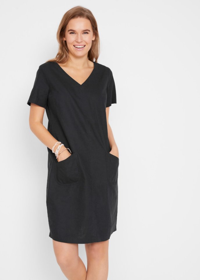 Knielanges Kleid mit Leinen und V-Ausschnitt, Halbarm