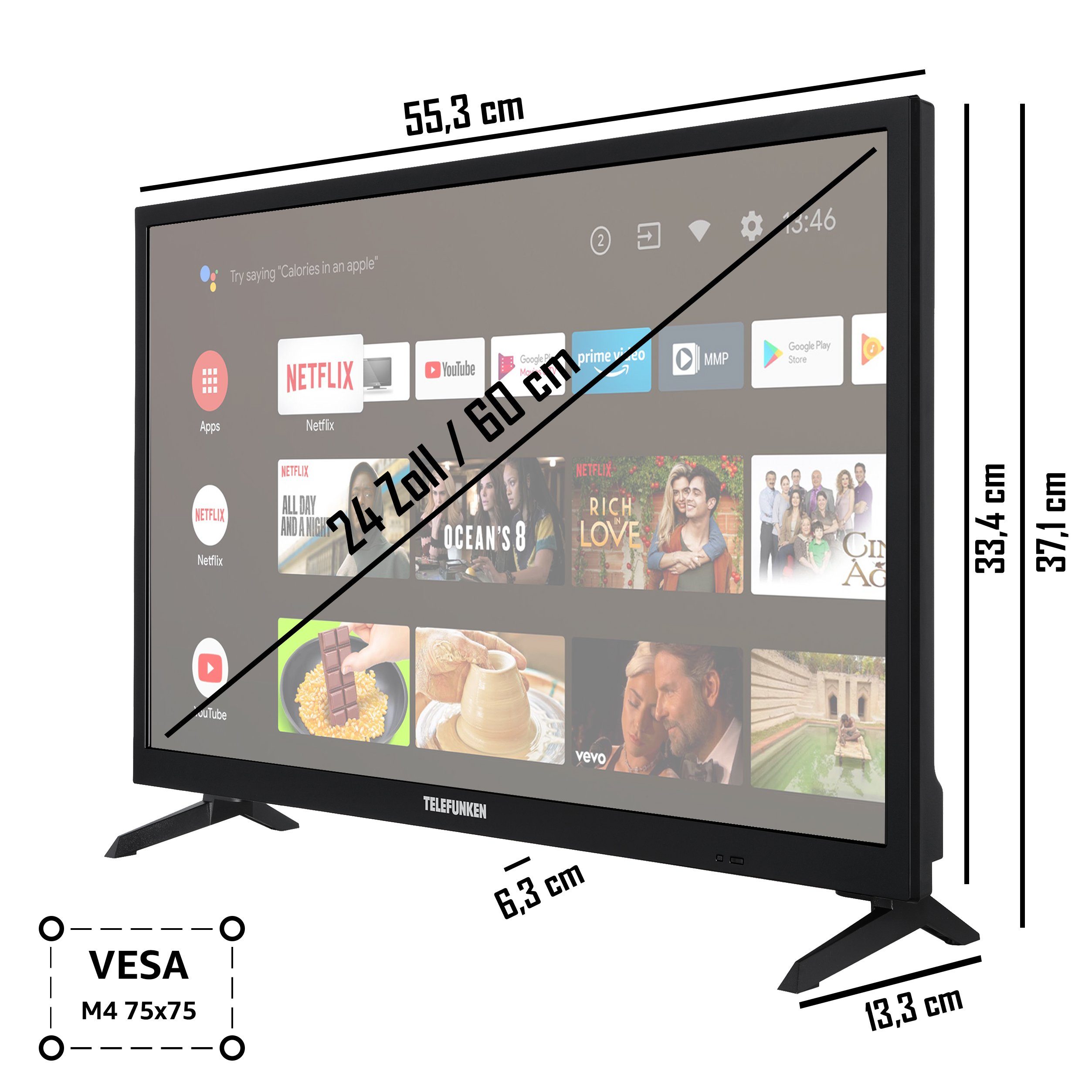 Telefunken D24H550X2CW LCD-LED Fernseher (60 cm/24 Zoll, HD-ready, Android TV, Triple-Tuner, Bluetooth, HDR10, Google Play Store)