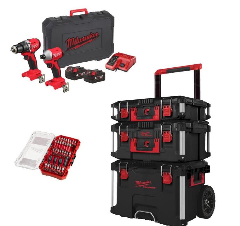 Set de accesorii Milwaukee BlackFridayComboPack - M18 BLCPP2A-402C + Set cărucior PackOut + Set biți de impact