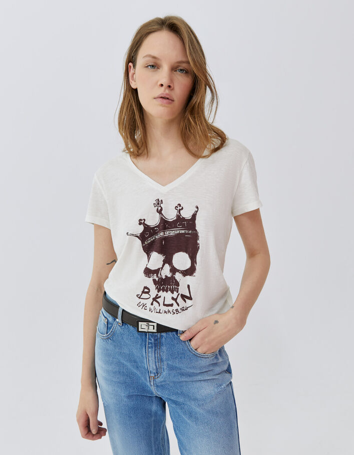 Tee-shirt blanc à visuel tête de mort couronnée Femme