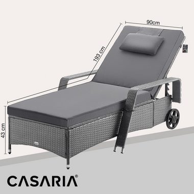 Casaria Gartenliege, Polyrattan Sonnenliege inkl. 7cm Auflage mit Kopfkissen 2 Rollen