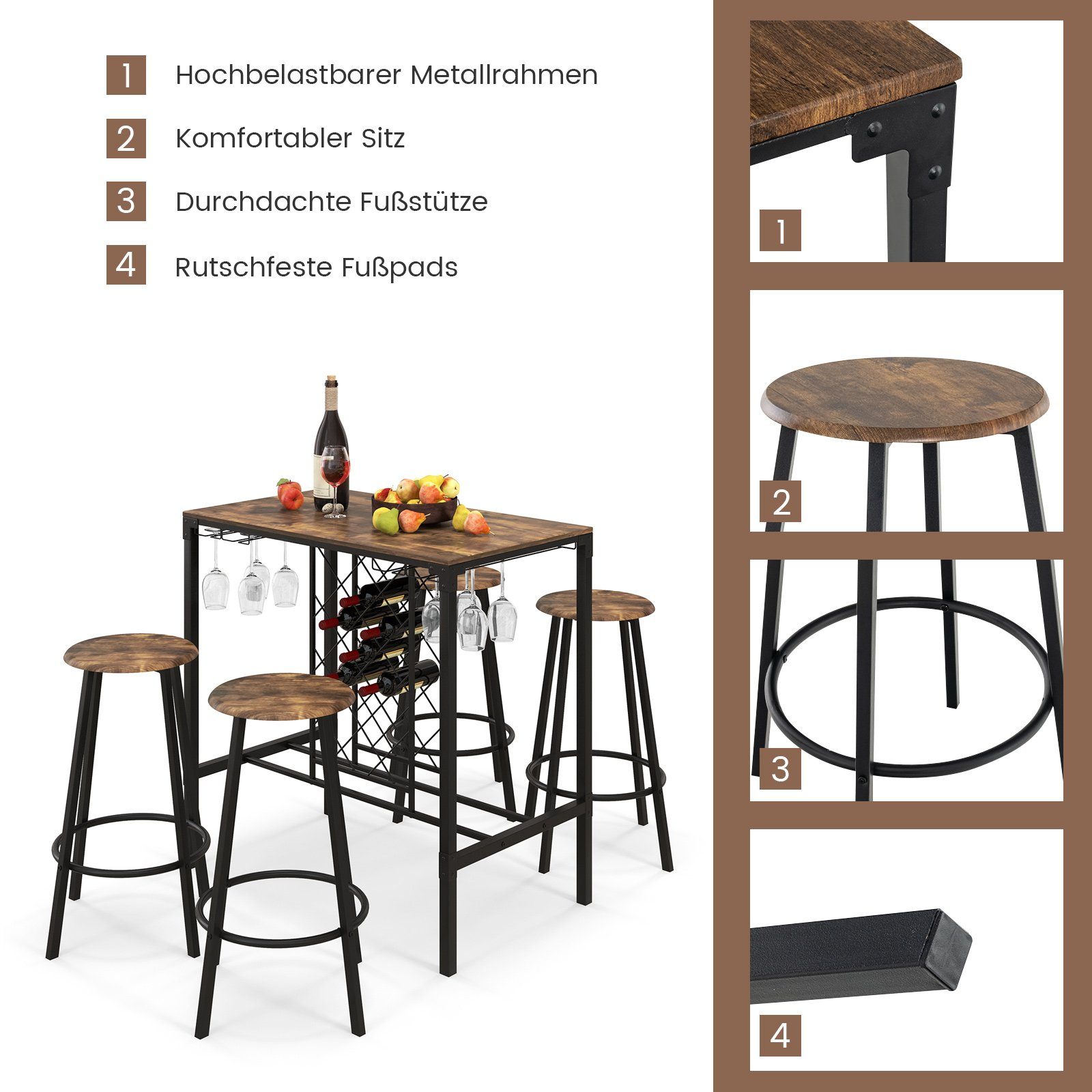 COSTWAY Bartisch, 5-tlg. mit 4 Barhockern, Weinregal und Glashalter