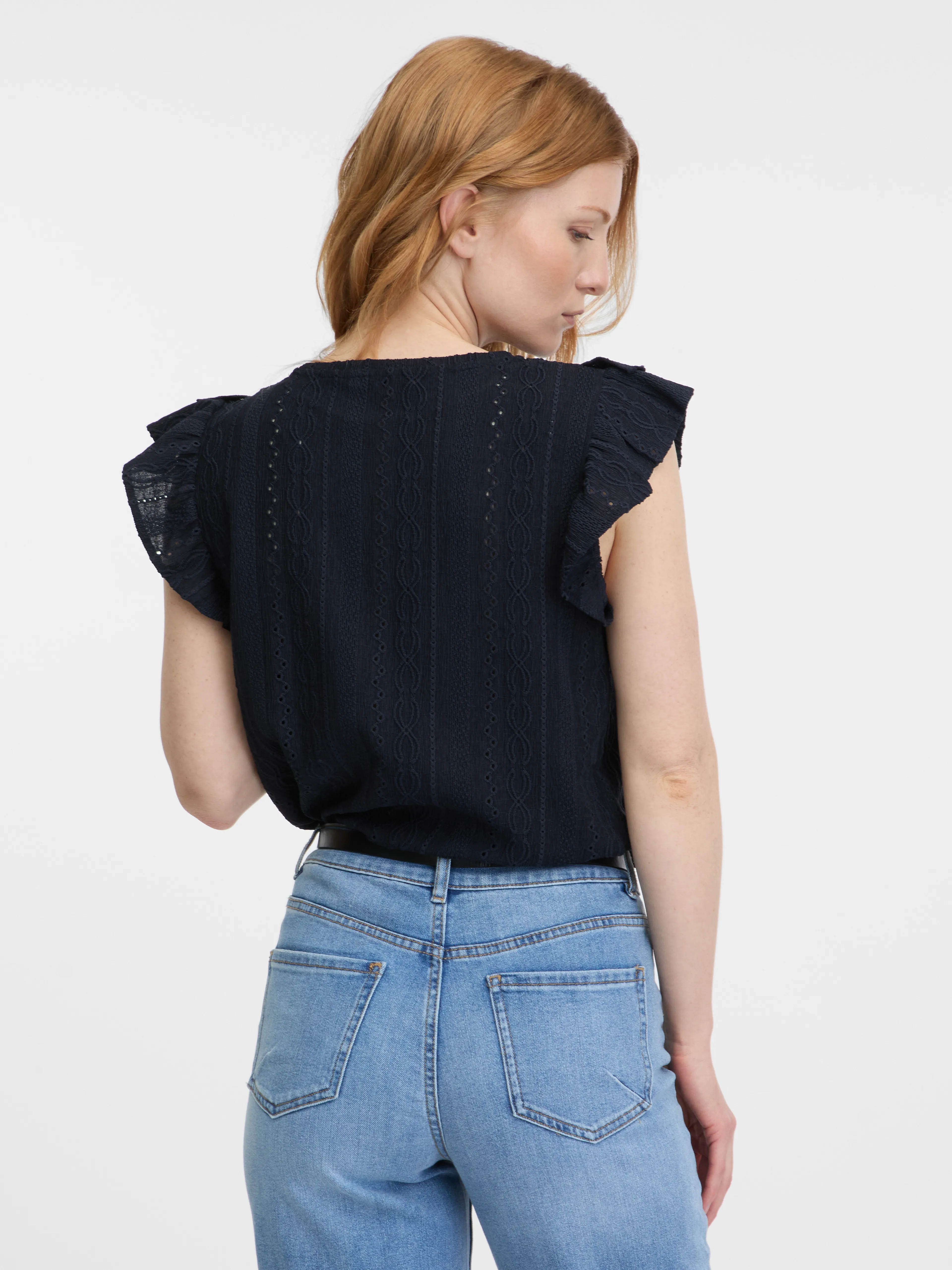 Dunkelblaues Damen-T-Shirt mit Rüsche ORSAY