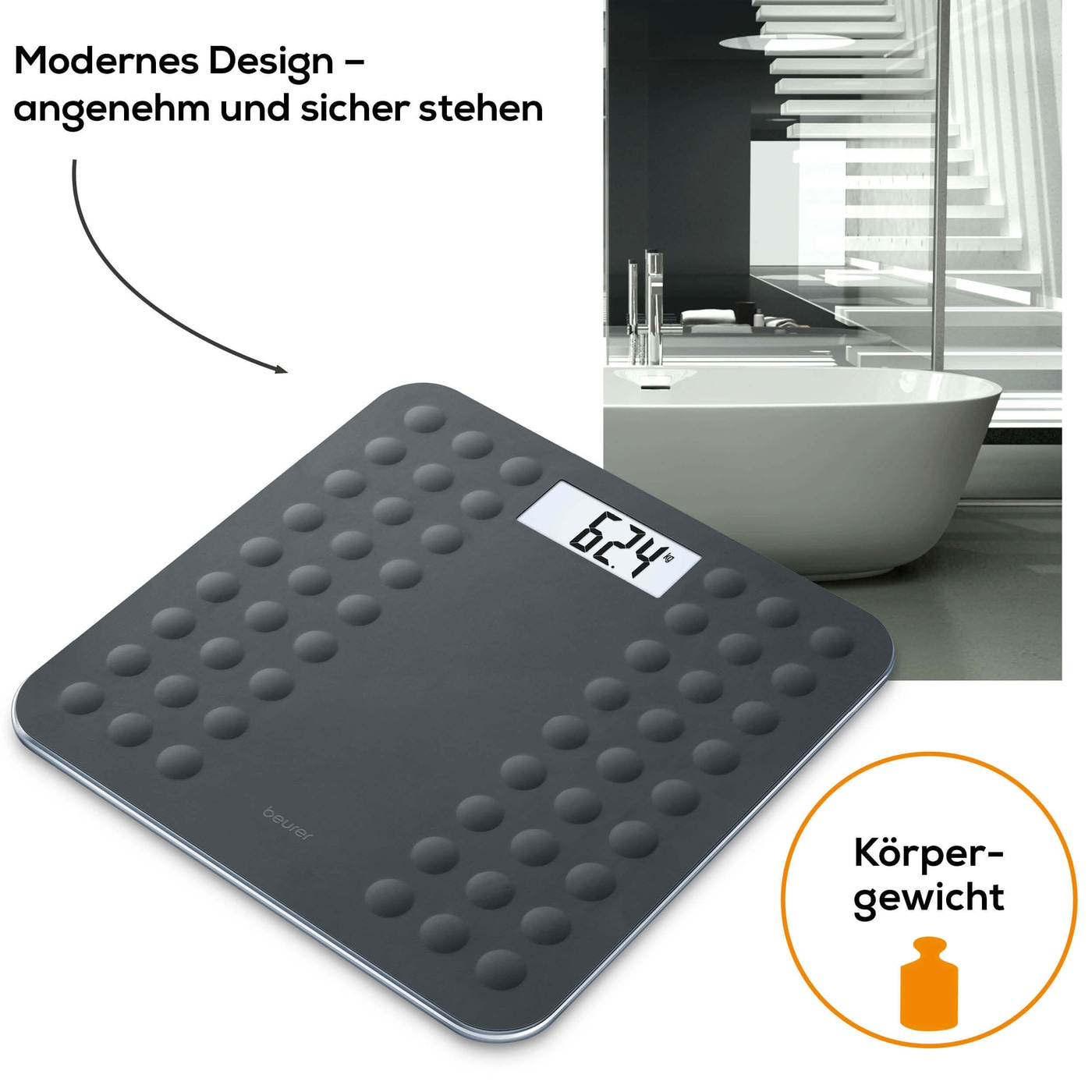 Beurer Glaswaage - GS 300 Black-Personenwaage aus Glas mit Silikonoberfläche - bis 180 kg