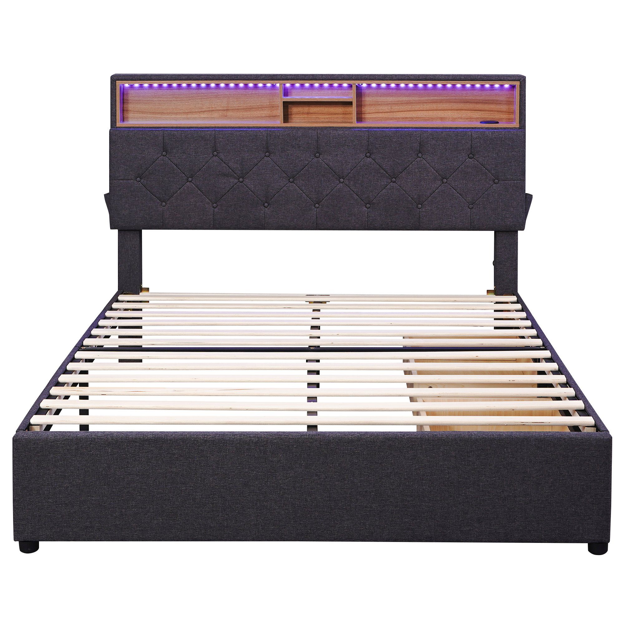 Flieks Polsterbett, LED Beleuchtung Doppelbett USB Steckdose 2 Schubladen 140x200cm Leinen