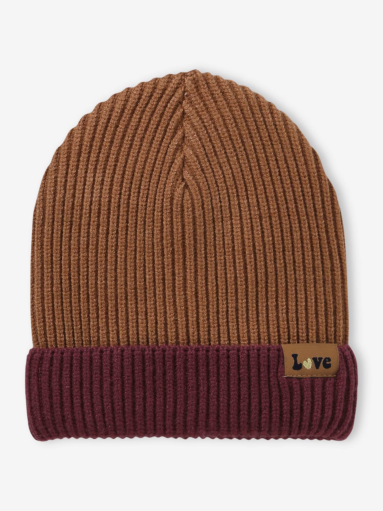 Bonnet bicolore fille en maille côtelée rose