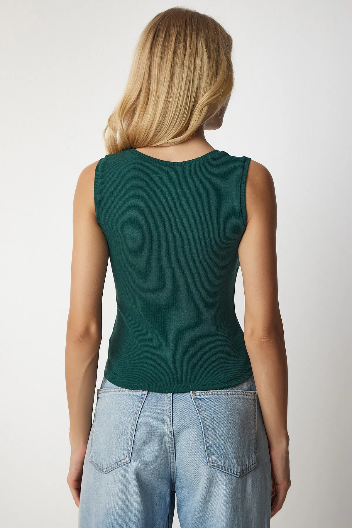 Happiness İstanbul  Damen-Strickbluse aus Baumwolle in Smaragdgrün mit Rundhalsausschnitt GT00020