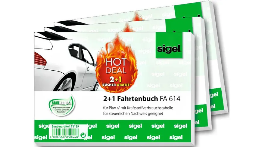 Sigel 2 + 1 Aktion Fahrtenbuch für Pkw A6 quer 40 Blatt