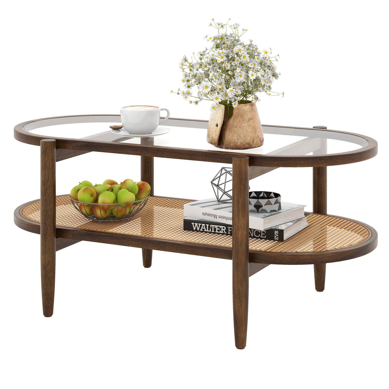 COSTWAY Couchtisch, mit Stauraum, aus Glas, Rattan & Massivholz, 102x56x47cm