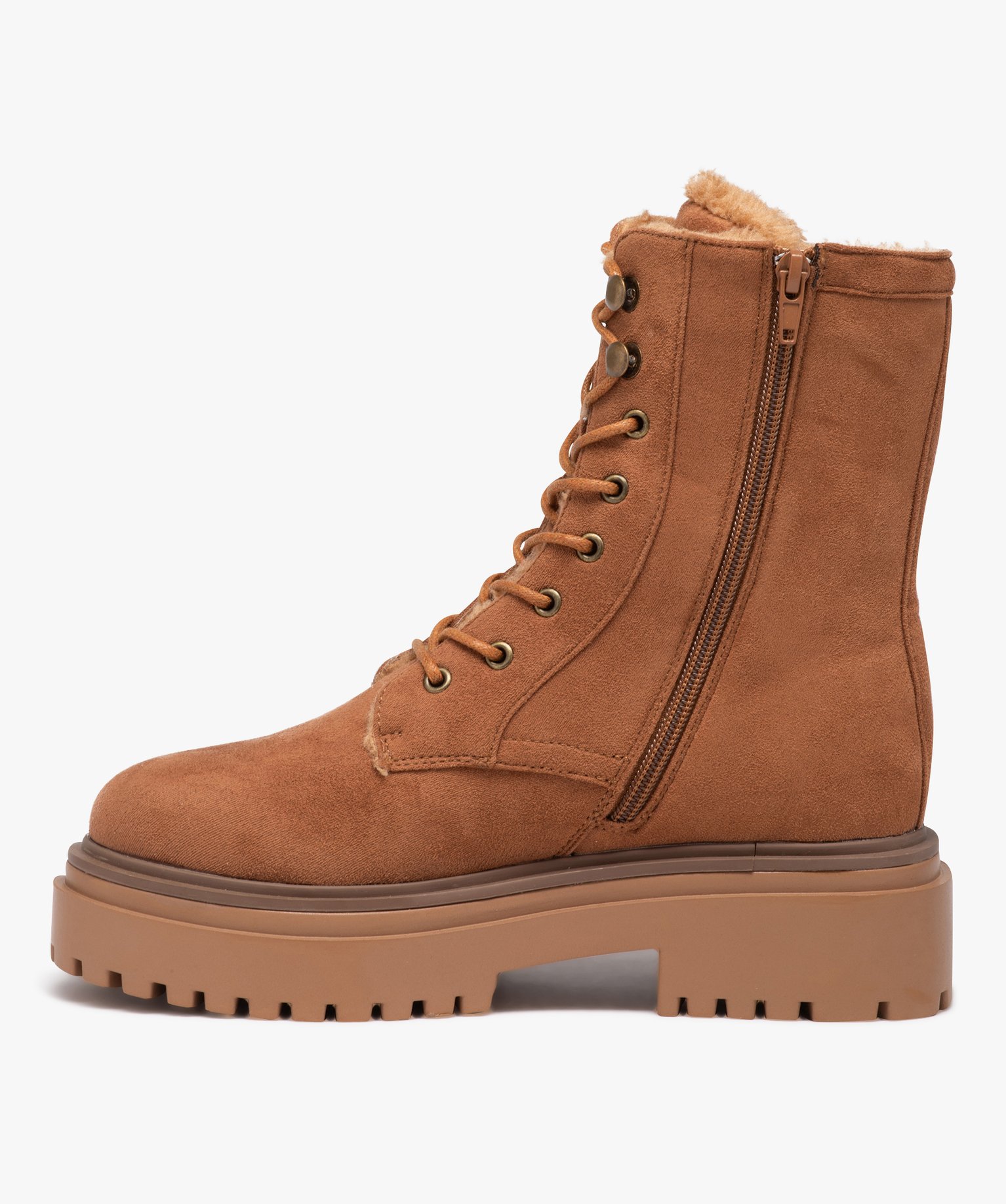 Boots fourrées femme unies en suédine à talon large et à... camel | GEMO
