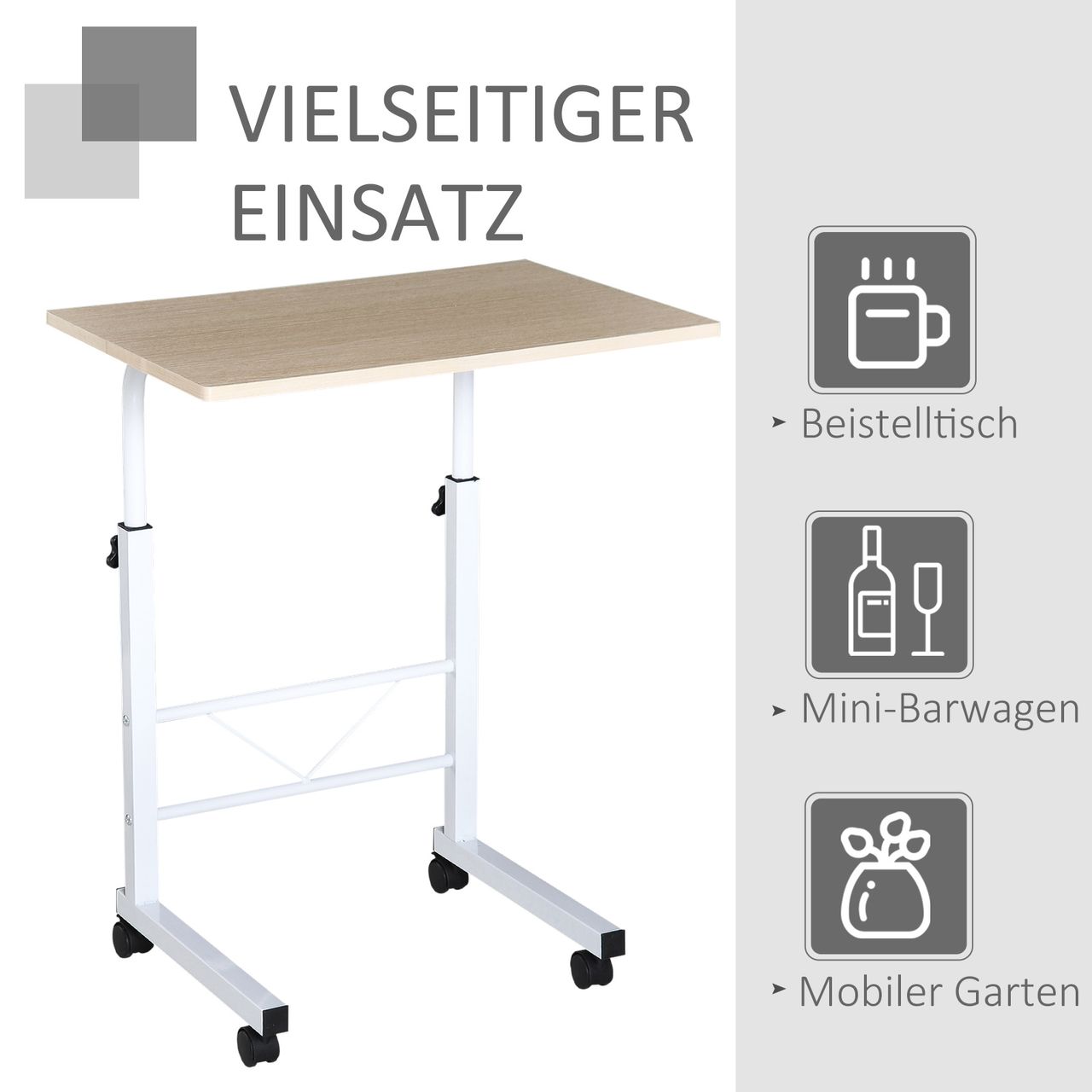 HOMCOM Beistelltisch höhenverstellbarer Couchtisch mobiler Endschreibtisch mit Rädern Feststellbremsen C-Tische Spanplatte Stahl Eisen Kunststoff Weiße Ahornfarbe 60 x 40 x 68-78 cm