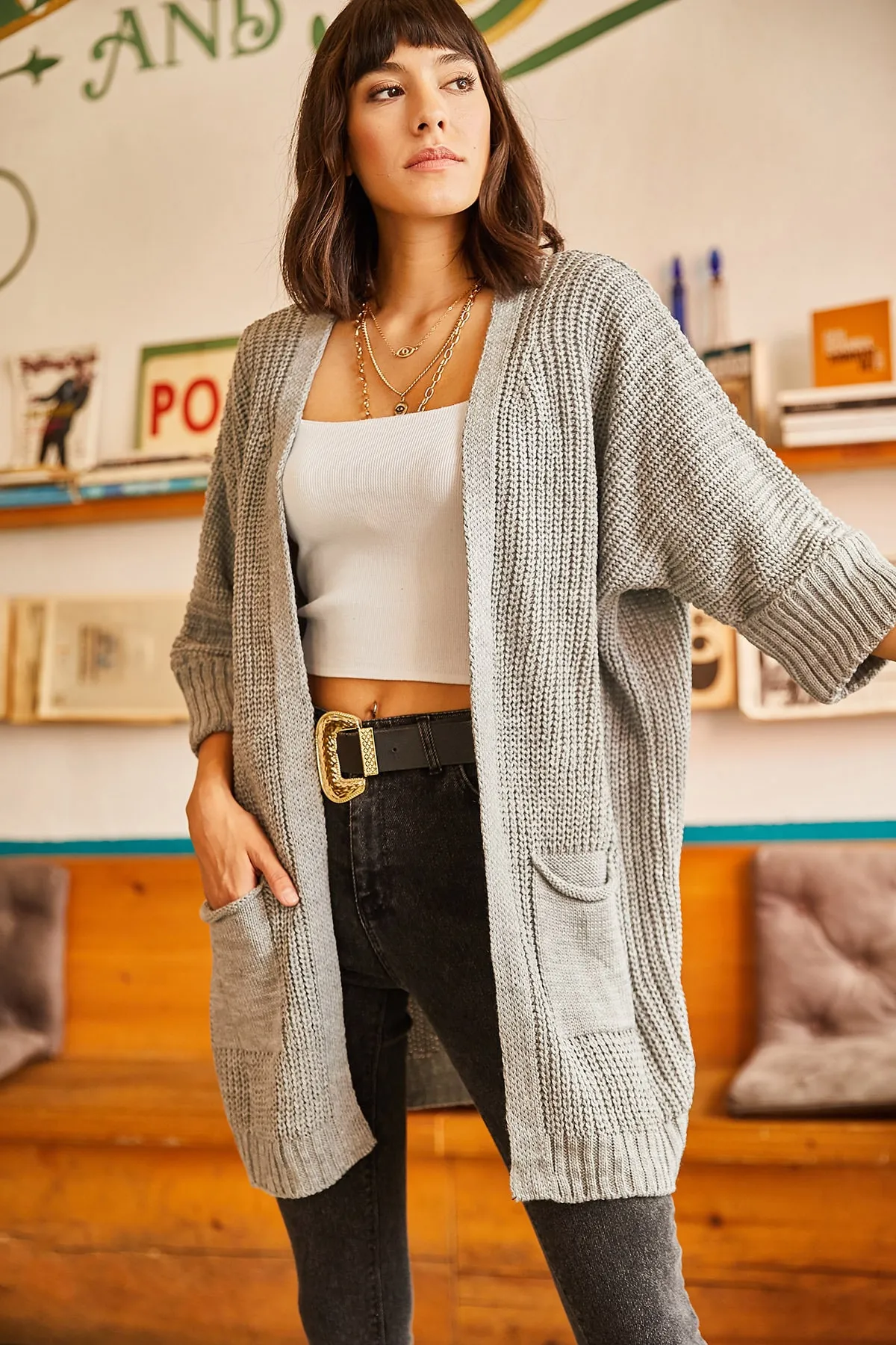 Olalook  Graue Strickjacke mit gefalteten Armtaschen für Damen HRK-19000123