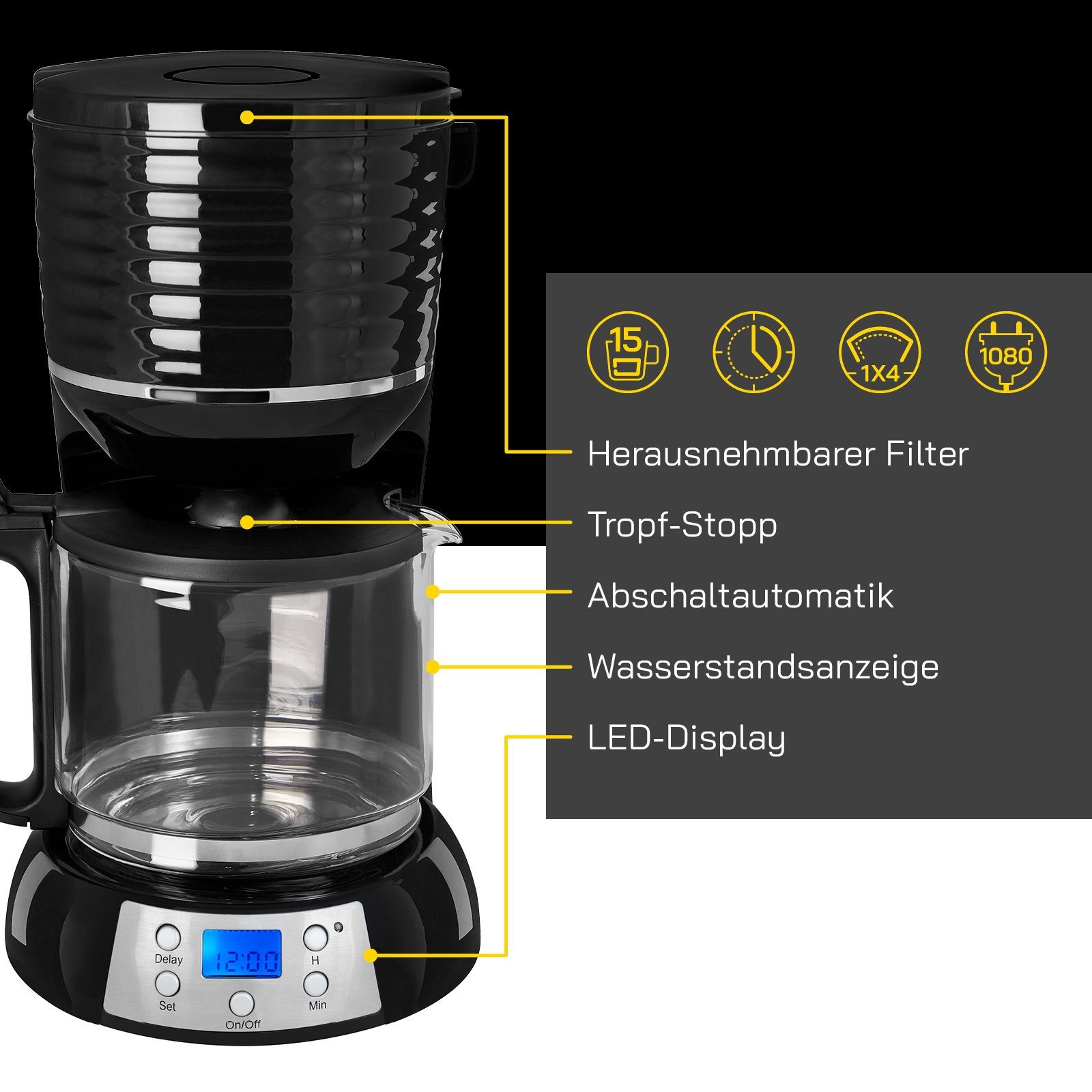 Gutfels Filterkaffeemaschine COFFEE 3300 C, 1.5l Kaffeekanne, Papierfilter Standardgröße 1 x 4, LED-Display & Timerfunktion, 1080 Watt Leistung