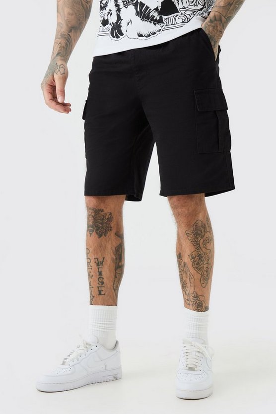 Tall lockere Cargo-Shorts mit elastischem Bund in Schwarz