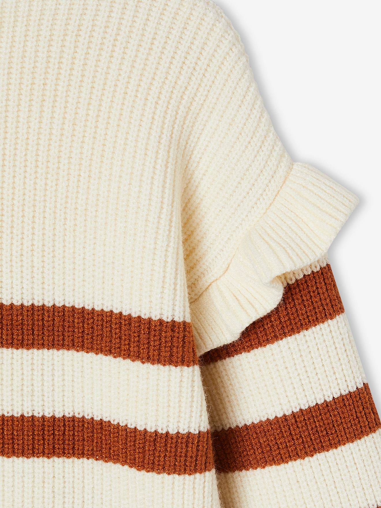 Pull manches volantées fille rayé marron