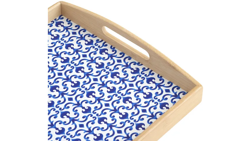 zeller Serviertablett 44x30x5,5cm natur weiß / blau dekor