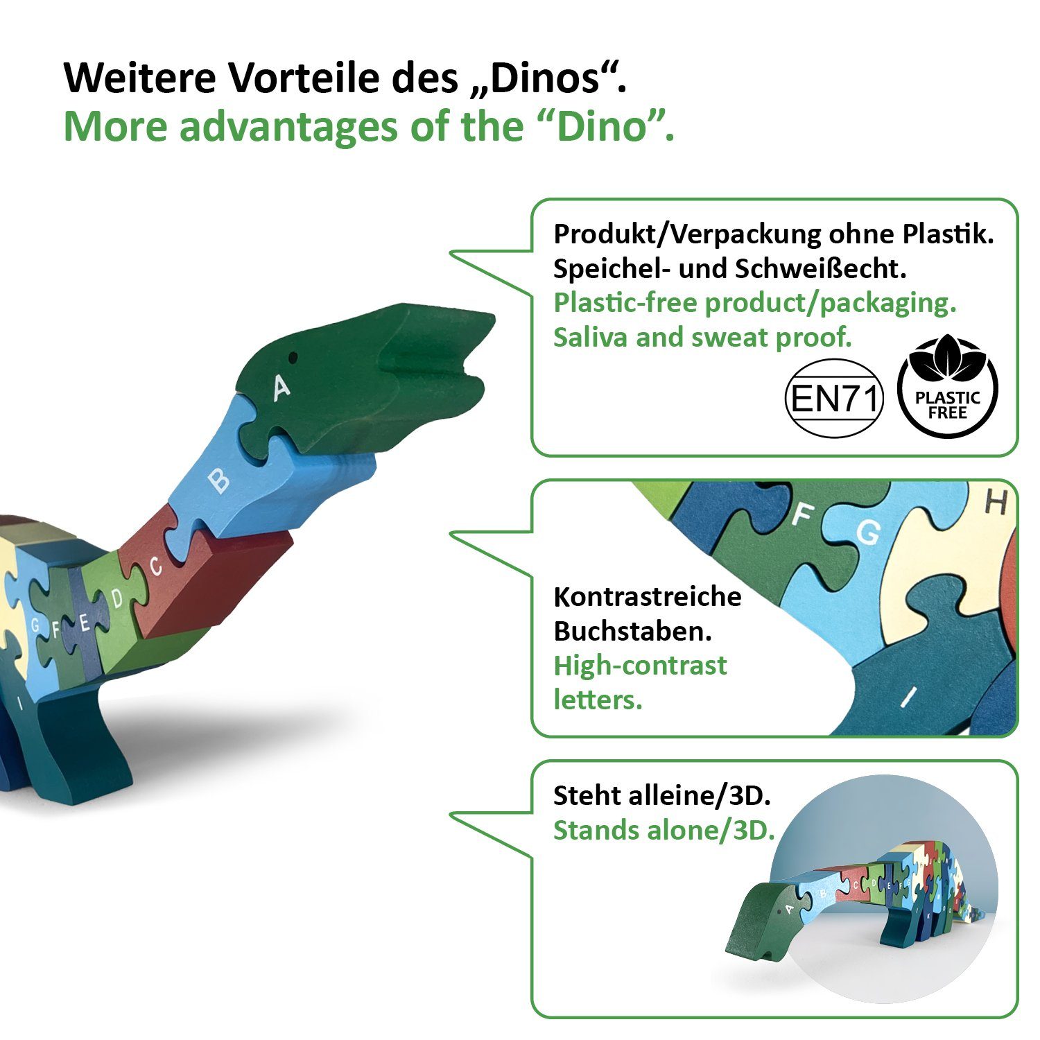WIESEN.design Lernspielzeug Buchstabenpuzzle Dino, Montessori Spielzeug ab 3 Jahre, Holzpuzzle, DIN EN71 geprüft, Speichel- und schweißfest, gratis Versand