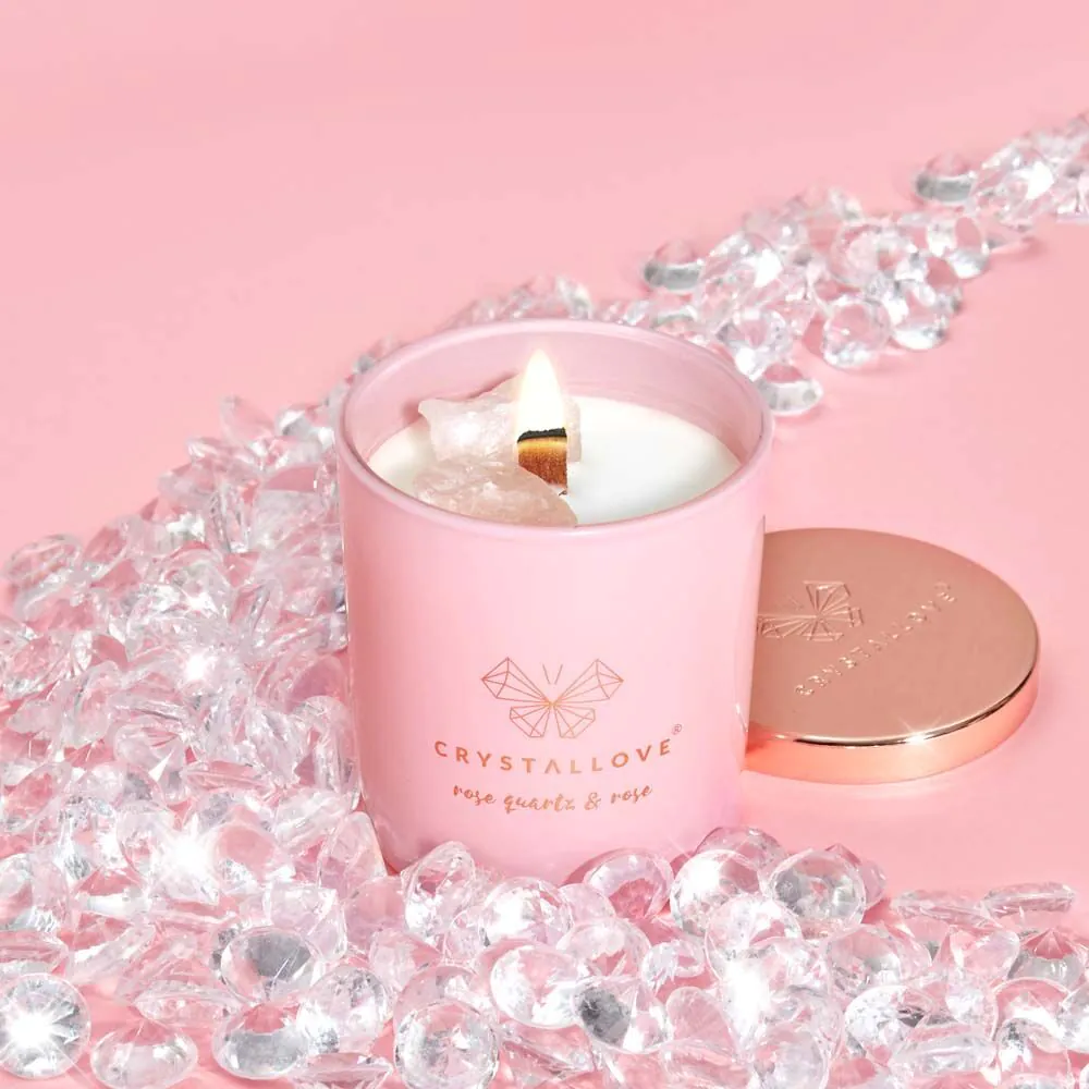 Vela de soja Crystallove com quartzo rosa e rosa