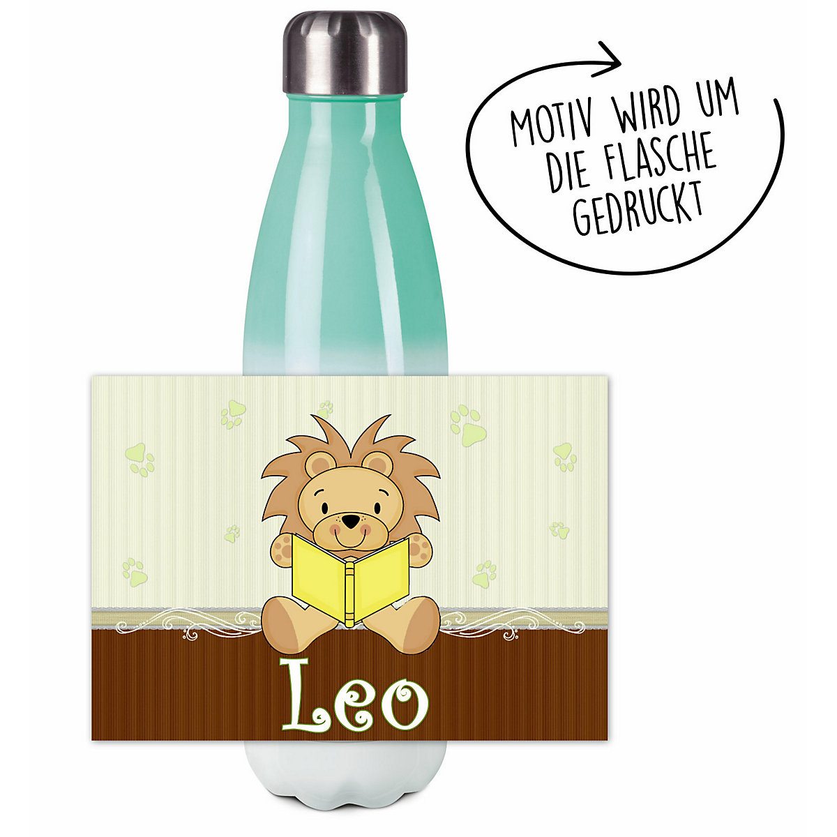 Edelstahl Kinder Thermoflasche / Trinkflasche bunt Leselöwe Farbe braun Spülmaschinenfest, Auslaufsicher, Bruchfest, Doppelwandig, Für Heißgetränke geeignet, Mit Deckel, Isoliert