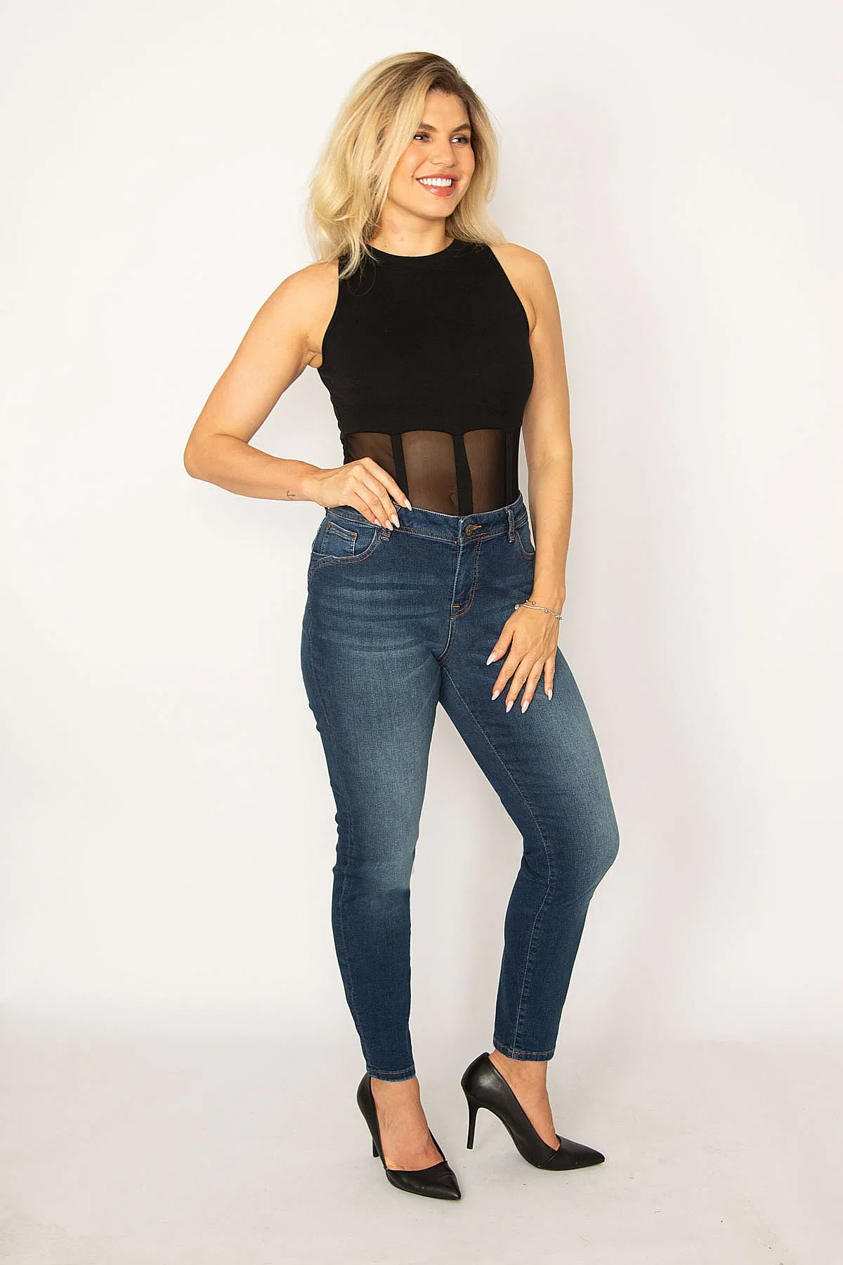 Şans Tekstil  Marineblaue 5-Pocket-Jeanshose aus Lycra für Damen 26a34247