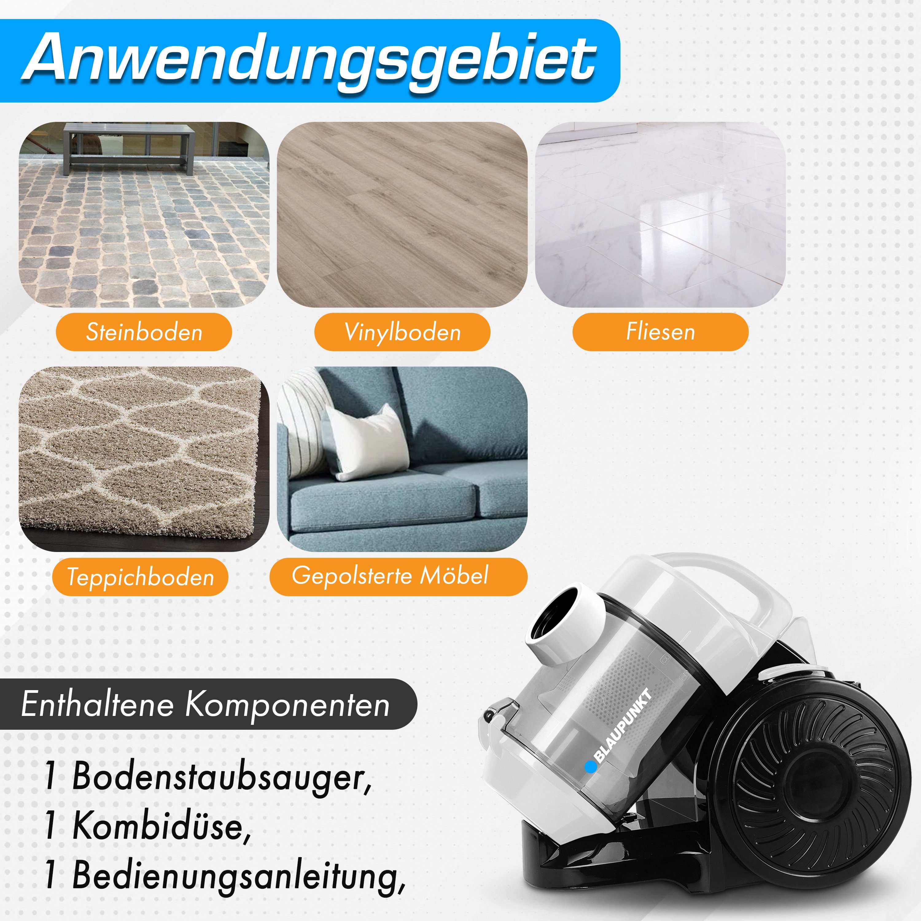 Blaupunkt Zyklon Hybrid Staubsauger MEN789 Zyklon Staubsauger Zyklonstaubsauger extra stark Bodensauger, 800,00 W, beutellos, Beutelloser Sauger, leise, 2 L Fassungsvermögen, Bodenstaubsauger