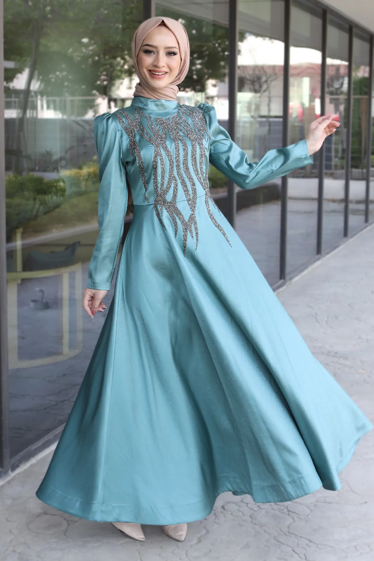 Tesettür Dünyası  Abendkleid mit Pailletten auf der Vorderseite, Tsd220544, Mintgrün