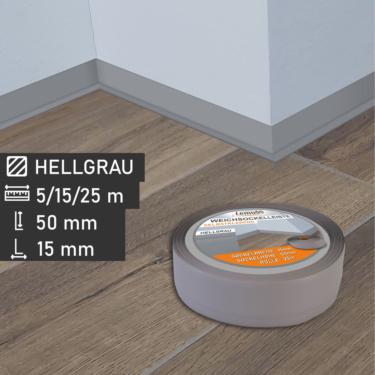 Lemodo Weichsockelleiste hellgrau, 25m Rolle