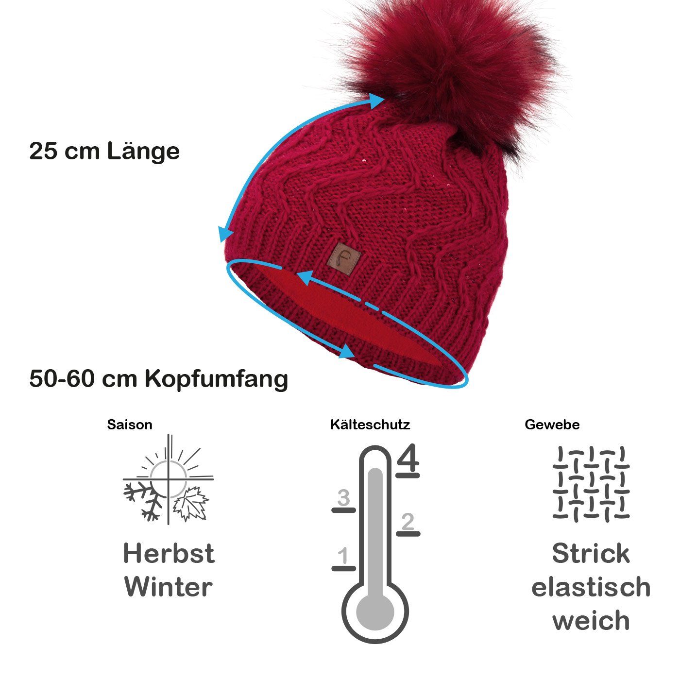 Faera Bommelmütze Wintermütze Damen Pailletten Mütze Beanie Haube gefüttert Strickmütze