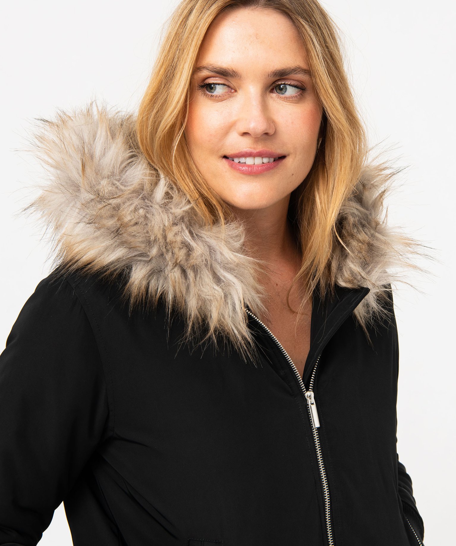 Blouson doublé peluche avec capuche femme noir | GEMO