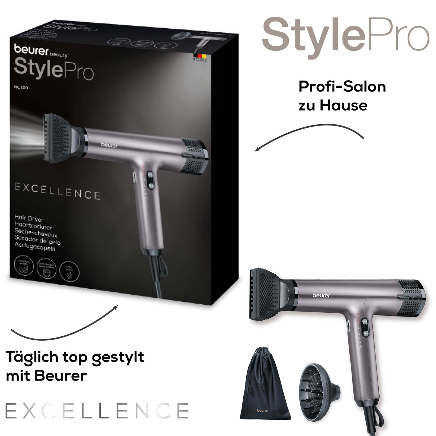 Haartrockner HC 100 Excellence-Schnelles Trocknen und präzises Stylen in kompaktem Design