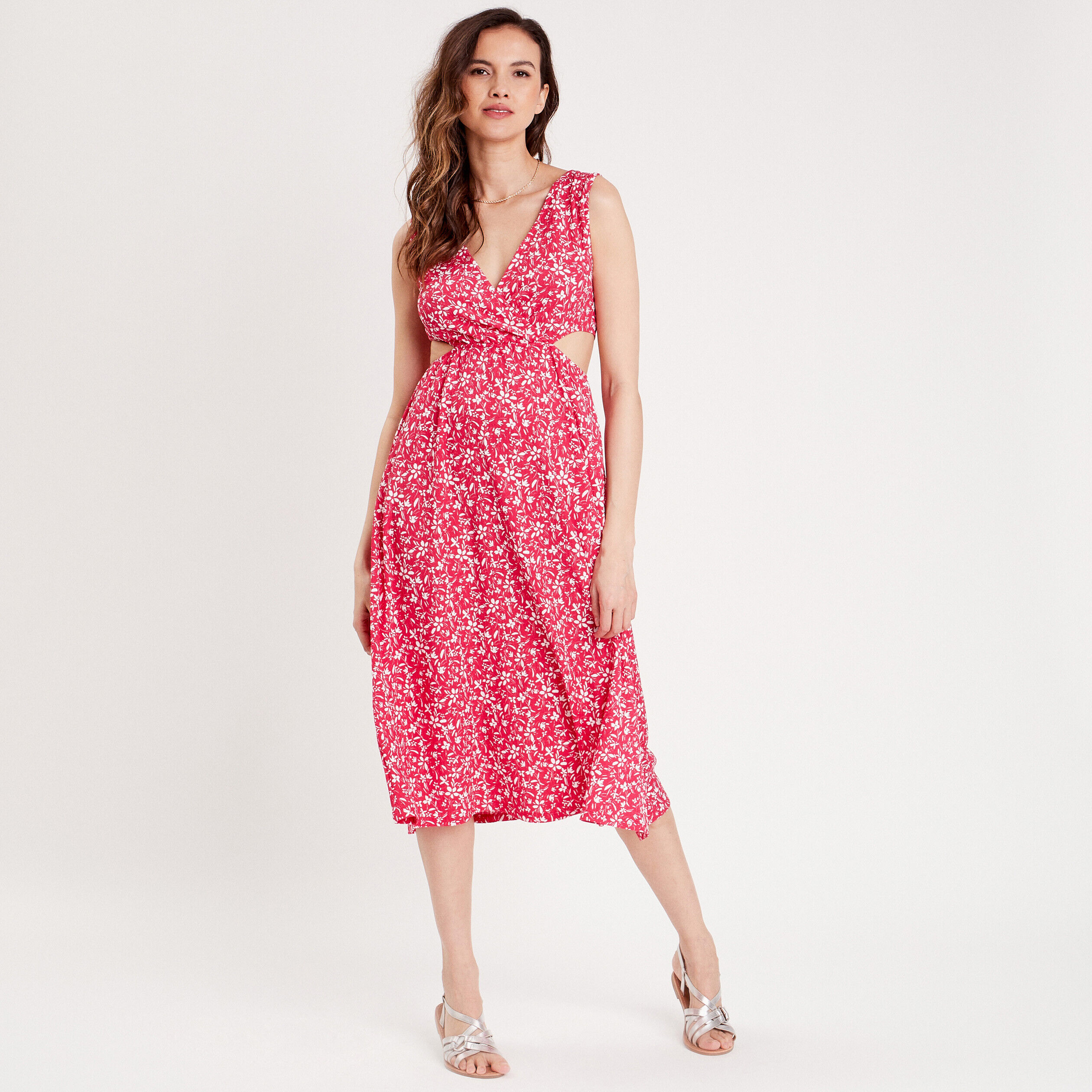 Robe midi évasée ouvertures rose fushia femme | Cache Cache