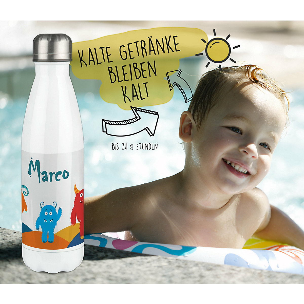Edelstahl Kinder Thermoflasche / Trinkflasche bunt Monsterhügel Spülmaschinenfest, Auslaufsicher, Bruchfest, Doppelwandig, Für Heißgetränke geeignet, Mit Deckel, Isoliert