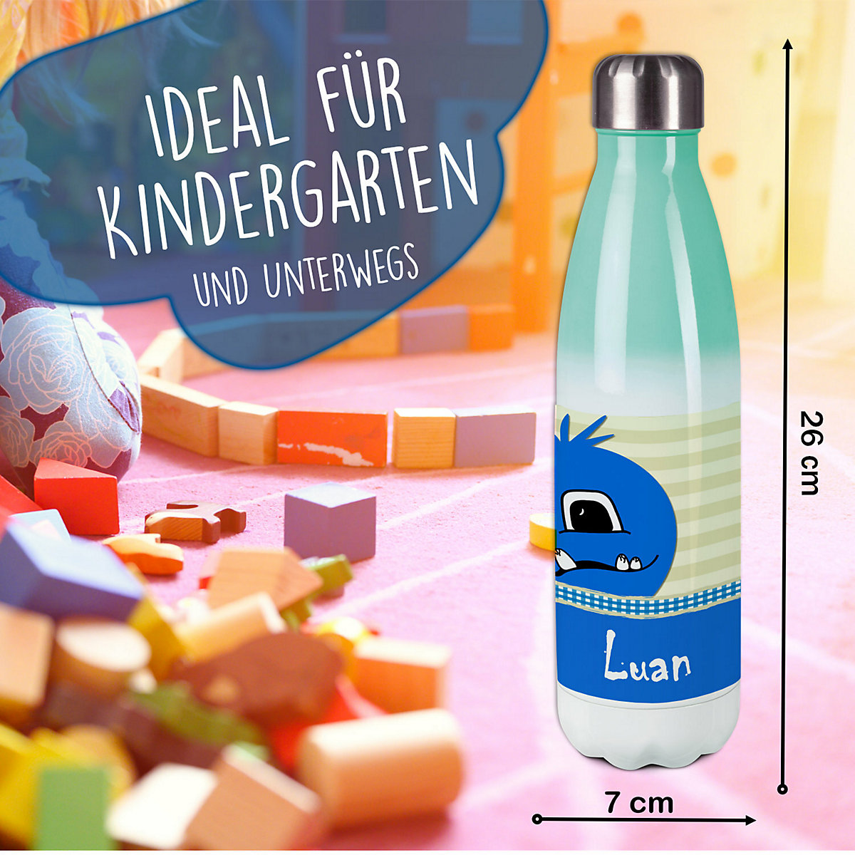 Edelstahl Kinder Thermoflasche / Trinkflasche bunt Monster Karo Farbe blau Spülmaschinenfest, Auslaufsicher, Bruchfest, Doppelwandig, Für Heißgetränke geeignet, Mit Deckel, Isoliert