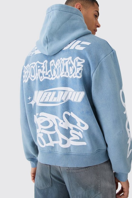 Kastiger Oversize Hoodie mit Acid-Waschung und Print