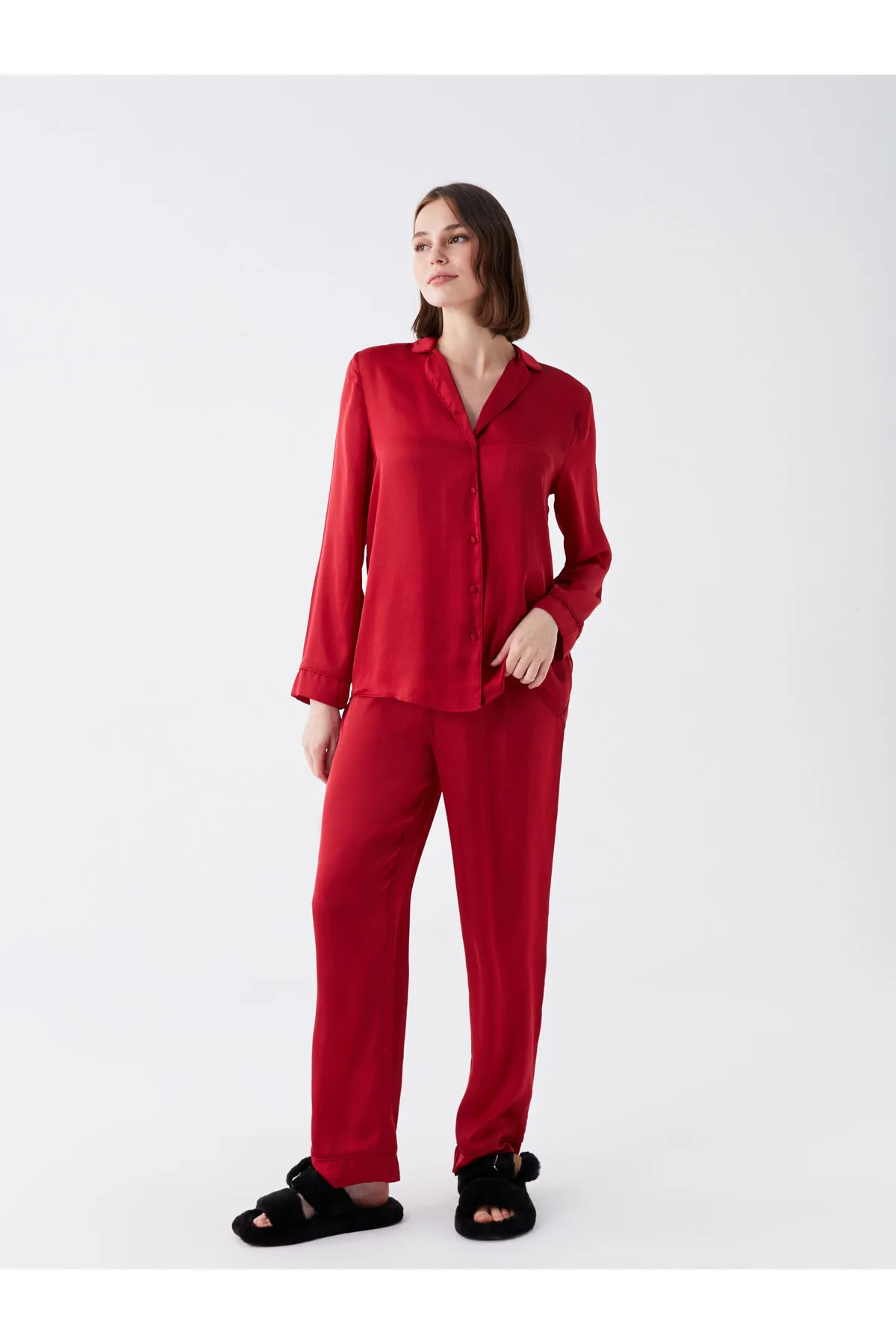 LC Waikiki  Damen-Pyjama-Set aus Satin mit Hemdkragen, einfarbig und langärmelig