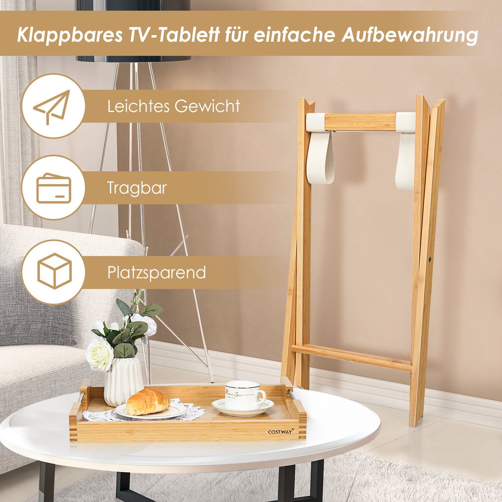 COSTWAY Klapptisch, mit integrierten Griffen & abnehmbarem Tablett, tragbar