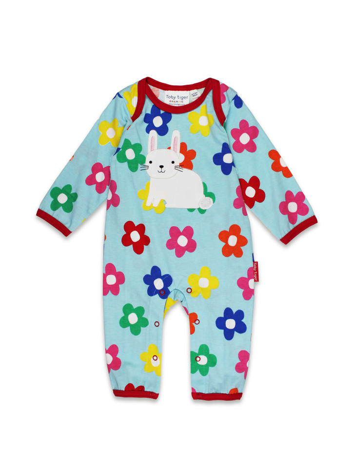 Toby Tiger Strampler mit Regenbogenblumen Print mit Häschen Applikation in blau günstig kaufen