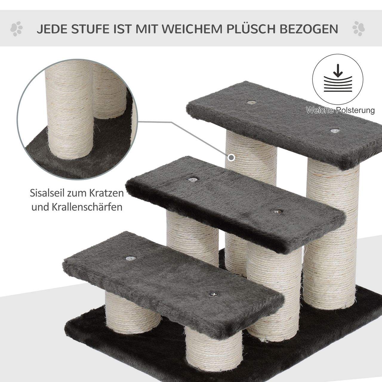 PawHut Tiertreppe Katzentreppe 3 Stufen Hundetreppe Treppe für Katze und Hunde Plüsch Dunkelgrau 45 x 35 x 34 cm