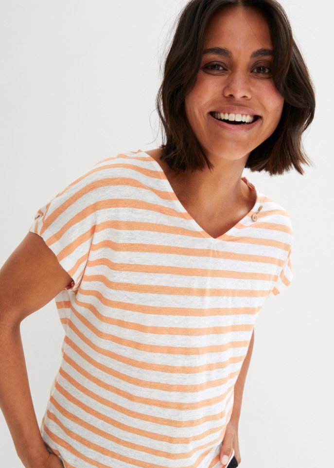 Leinen-Shirt mit Fledermausärmeln und V-Ausschnitt