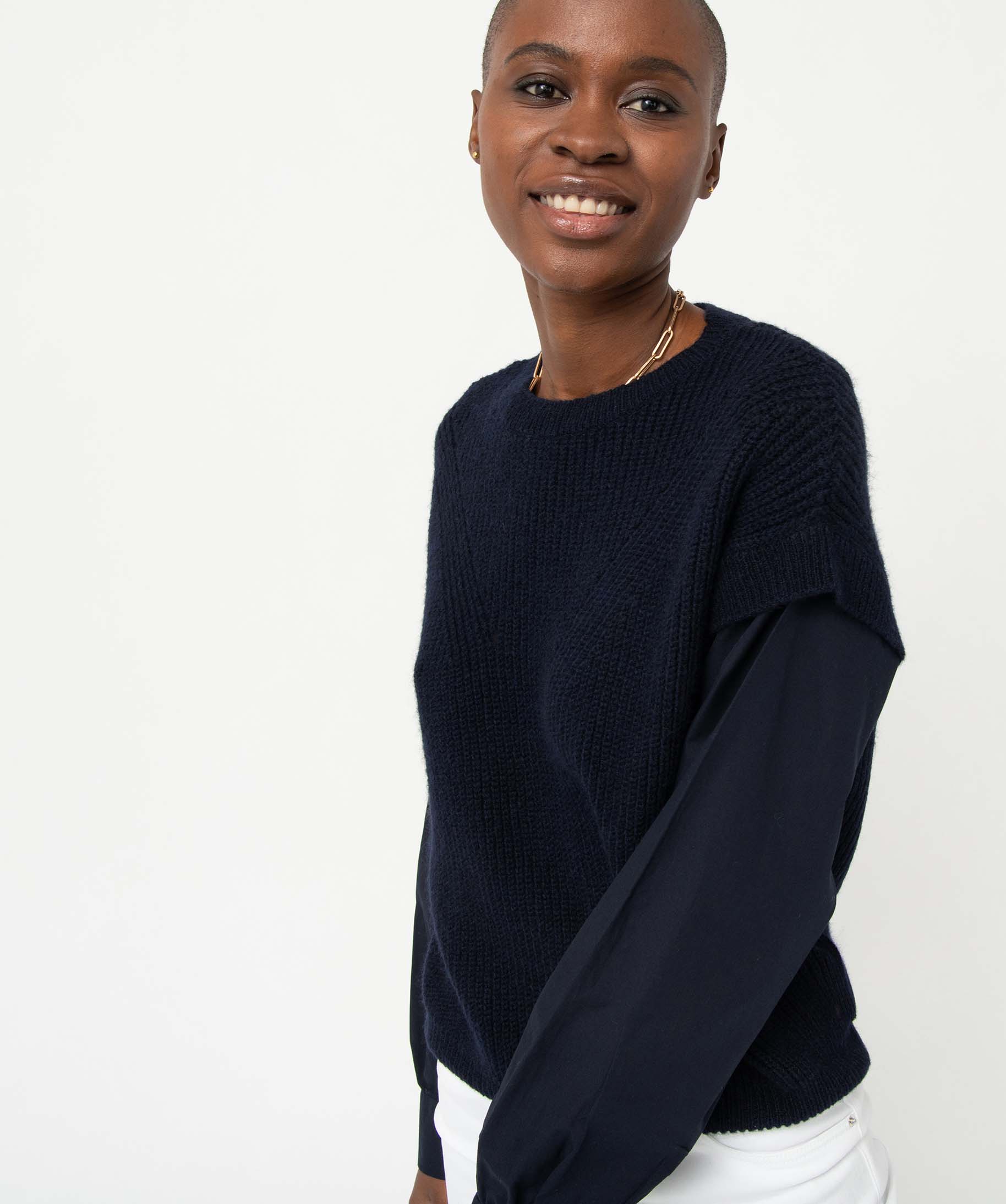 Pull femme avec manches de chemise intégrées marine | GEMO