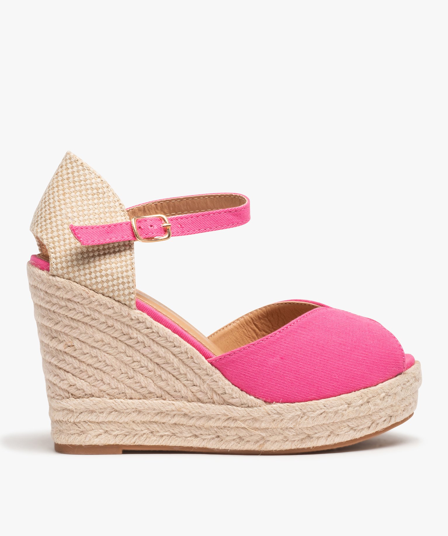 Sandales femme compensées en corde dessus satin uni fuchsia | GEMO