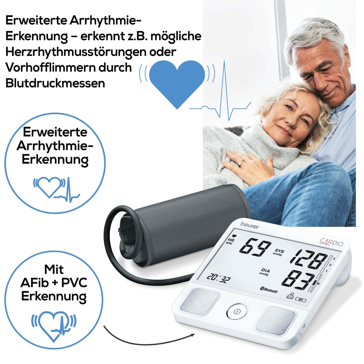 Beurer Oberarm-Blutdruckmessgerät BM 93 mit EKG Funktion-Bluetooth® Oberarm-Blutdruckmessgerät mit Risiko-Indikator & EKG-Fingersensor
