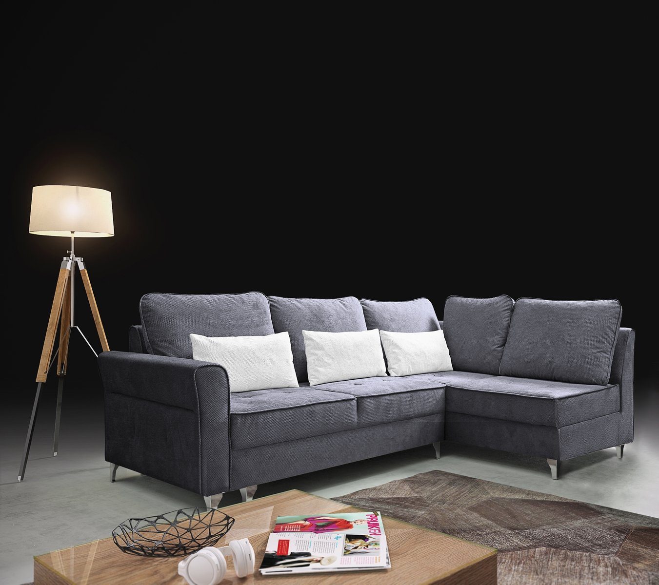 Beautysofa Polsterecke Hilton L, Ottomane links oder rechts, mit Metallbeine, Velour Polsterecke, Eckcouch mit Schlaffunktion und Hocker