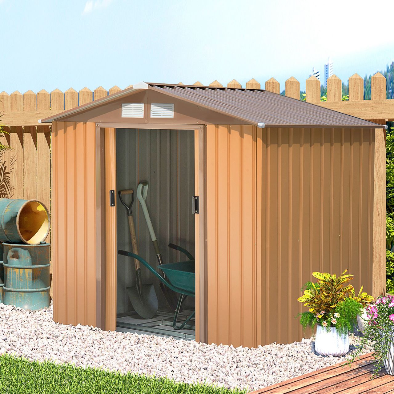 Outsunny Gerätehaus mit Fundament Geräteschuppen Gartenhaus Garten Schuppen Metall Braun 213 x 130 x 185 cm